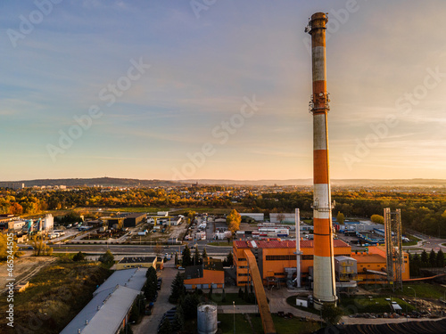 Coal Heat Plant in Tarnow, Poland Aerial Drone View on Chimney