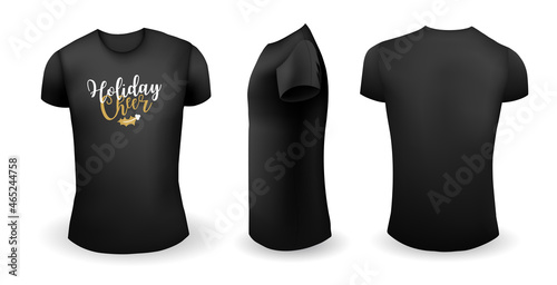 Black male t shirt with label. Front, back and side view. Holiday cheer. Christmas emblem. Vector
