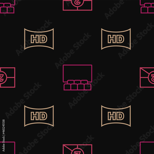 Set line Old film movie countdown frame, Hd movie, tape, and Cinema auditorium with screen on seamless pattern. Vector