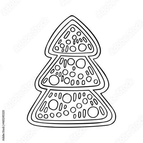 Christmas ginger spruce vector coloring page. Sweet festive cookies with patterns and decorations. Hand drawn line art winter illustration. Happy holiday.