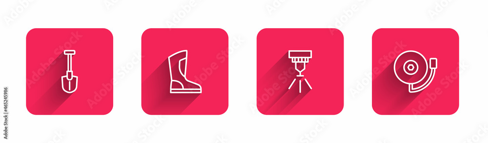 Set line Fire shovel, boots, sprinkler system and Ringing alarm bell with long shadow. Red square button. Vector Set line Fire shovel, boots, sprinkler system and Ringing alarm bell with long shadow. Red square button. Vector