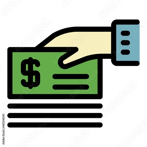 Hand with money check icon. Outline hand with money check vector icon color flat isolated