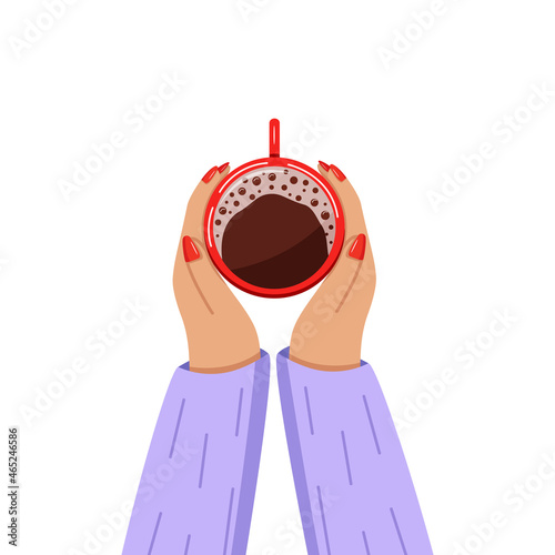 Women hands hold a cup of coffee. Top view. Vector illustration.