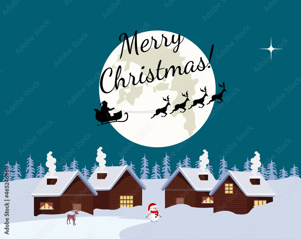 Christmas night landscape full moon with flying santa claus, christmas card