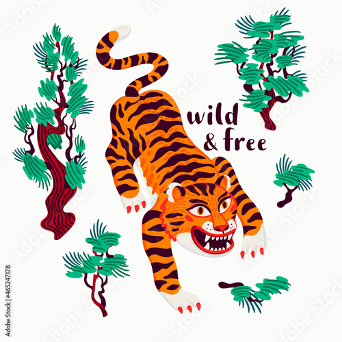 Tiger vector illustration, Wild and free text and cartoon tiger sneak through...