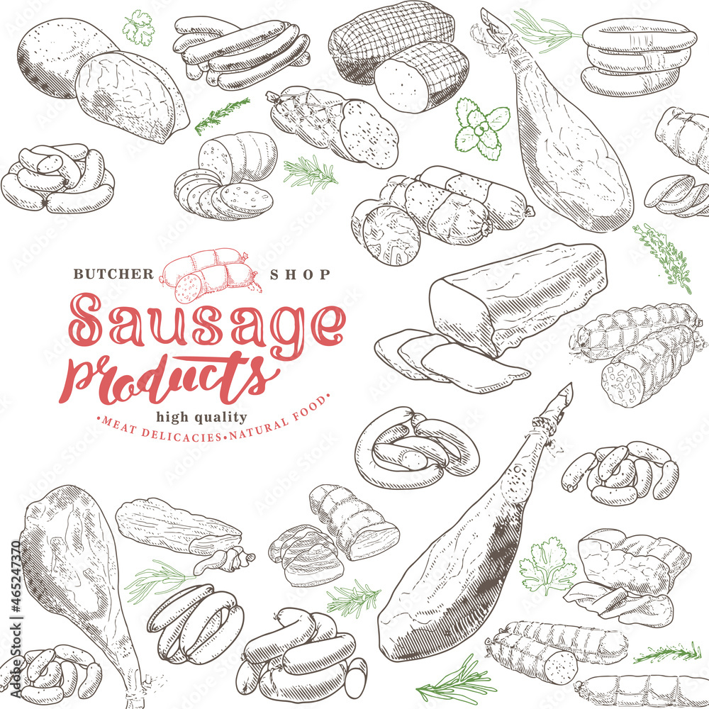 Set of meat products and meat delicacies. Sausages, ham, bacon, lard, salami in sketch style. Set of meat products and meat delicacies. Sausages, ham, bacon, lard, salami in sketch style.