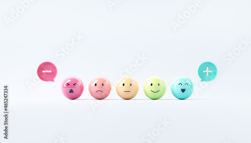 Set of emoji emoticons with sad and happy mood, evaluation, Increase rating, Customer experience, Satisfaction and best excellent services rating concept, 3d render.