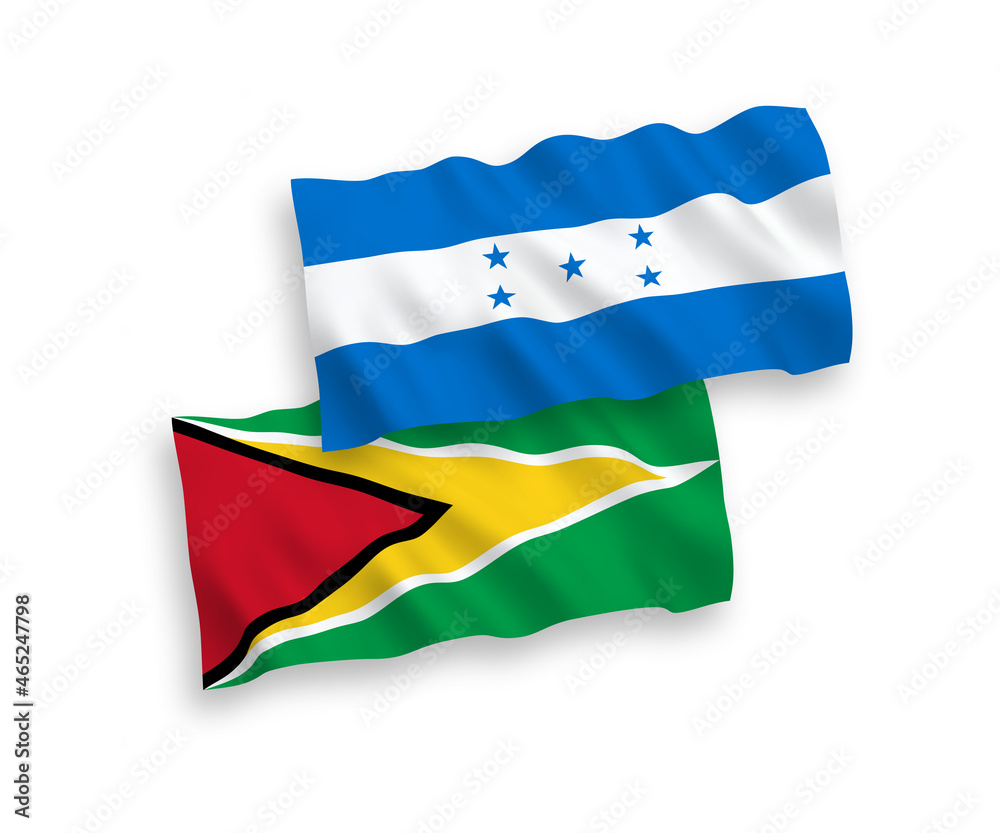 Obraz premium National vector fabric wave flags of Co-operative Republic of Guyana and Honduras isolated on white background. 1 to 2 proportion.