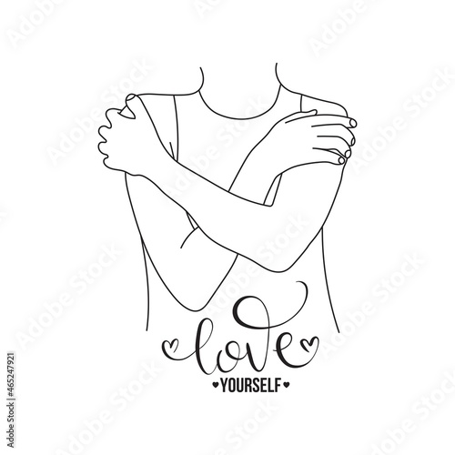 Woman hugs herself. Love yourself. Self care illustration. Love your body