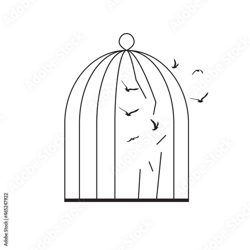 Birds fly out of the cage. Freedom concept