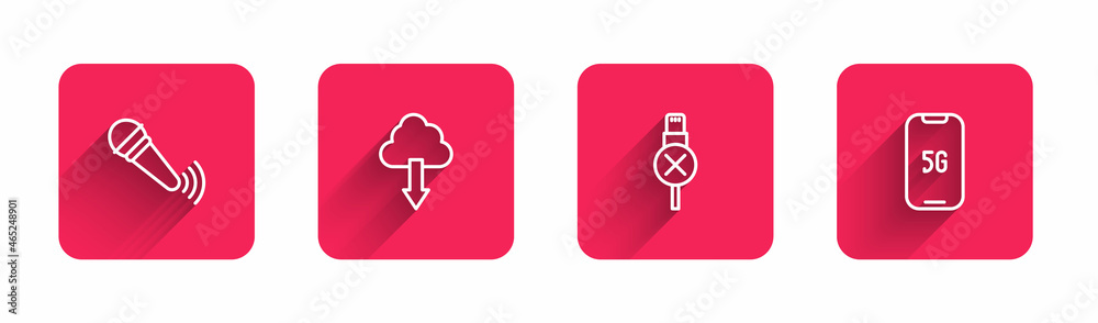 Set line Wireless microphone, Cloud download, No usb cable cord and Mobile with 5G with long shadow. Red square button. Vector Set line Wireless microphone, Cloud download, No usb cable cord and Mobile with 5G with long shadow. Red square button. Vector