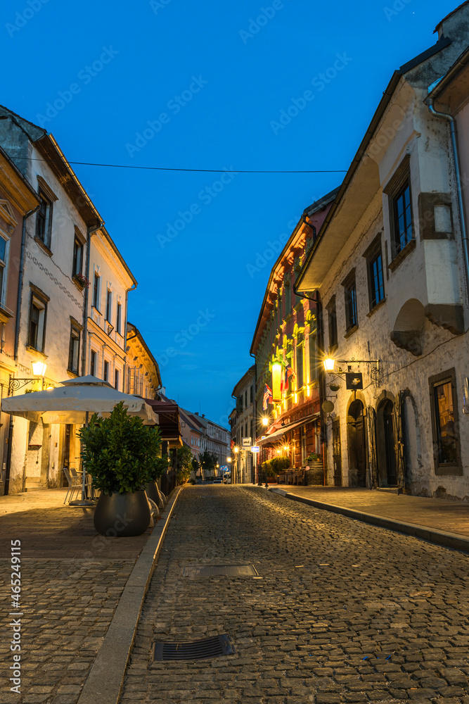 Ptuj Illuminated Coble Street in Slovenia at Blue Hour