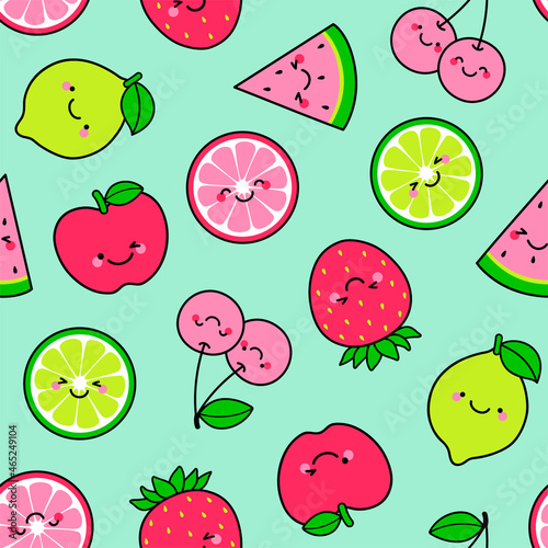 Cute tropical fruit cartoon illustration seamless pattern background.