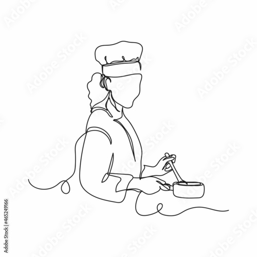 Vector continuous one single line drawing icon of woman chef cook in silhouette on a white background. Linear stylized.