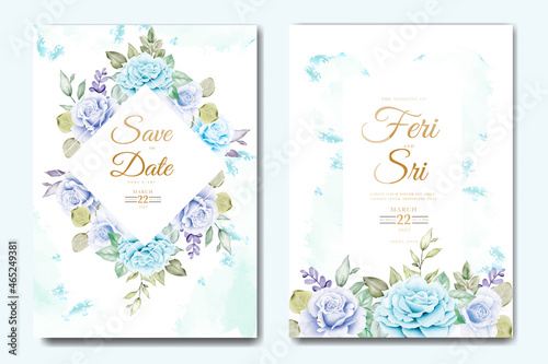 wedding invitation card with floral leaves watercolor set