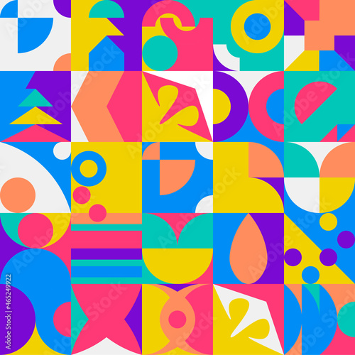 Colorful abstract flat geometric retro style seamless pattern. Bauhaus abstract style in different colors background.