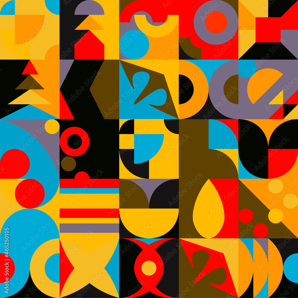 Colorful abstract flat geometric retro style seamless pattern.  Bauhaus abstract style in different colors background.
