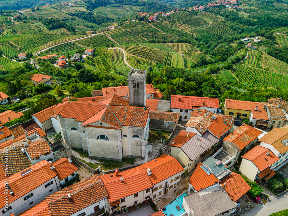 Smartno Townscape and Goriska Brda a Famous Wine Region of Slovenia Located Near Italy. Drone Aerial view - obrazy, fototapety, plakaty 