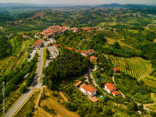 Smartno Townscape and Goriska Brda a Famous Wine Region of Slovenia Located Near Italy. Drone Aerial view