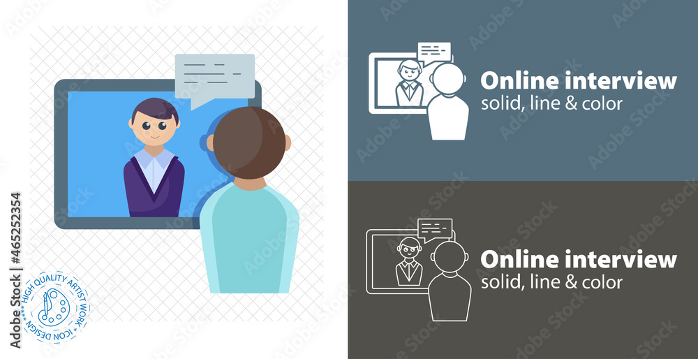 video conference, online meeting. online interview flat icon on white background with online meeting line icon.