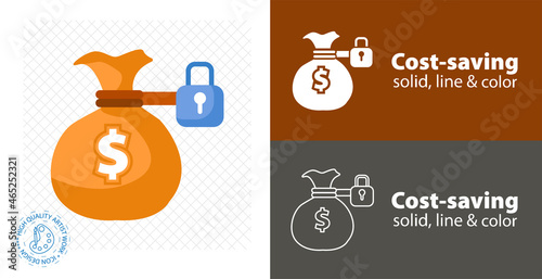 Money bag. cost saving flat icon on white background with money pouch line icon.