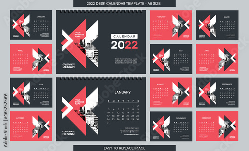 Desk Calendar 2022 template - 12 months included - A5 Size