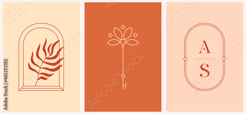 Vector design linear window with palm leaf and key template logos templates in trendy linear minimal style. Celestial and magical abstract.