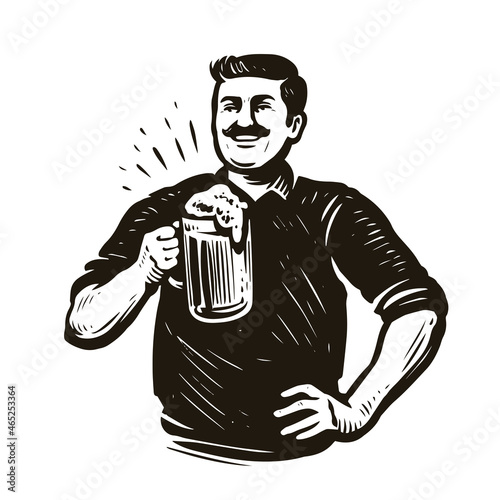 Hand drawn man with glass of beer. Octoberfest, pub concept vintage vector illustration