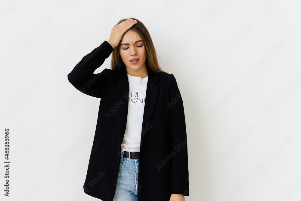 Forgetful young woman slap forehead and gasping, realise something, remember task isolated on white background. Forgetful young woman slap forehead and gasping, realise something, remember task isolated on white background.