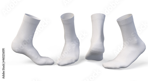 3D render Blank white socks design mockup, isolated, Pair sports crew cotton socks wear mockup. Long clear soft sock stand presentation. Men basketball, football, tennis plain socks template photo