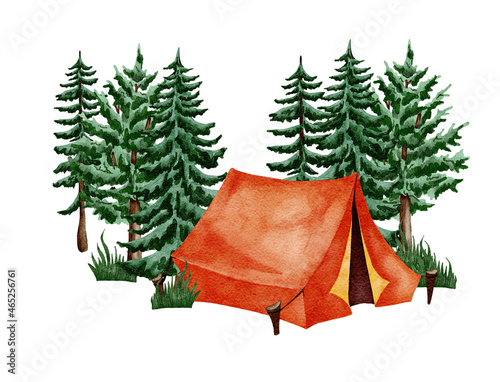 Camping clipart. Hand drawn wild camping illustration. Forest, hiking design. Watercolor tent in the meadow of the pine foreest. photo