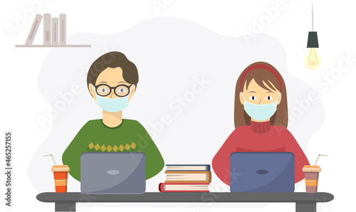 Young woman and man in medical masks sitting at workplace with laptops, safe lifestyle concept, flat vector illustration