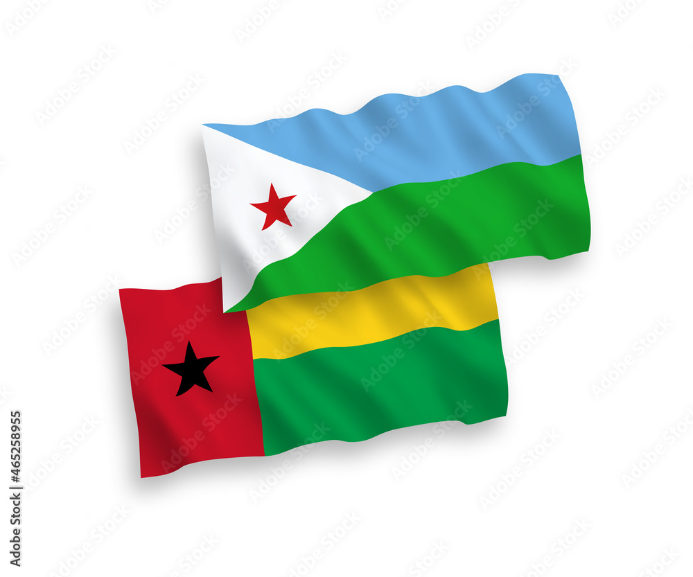 National vector fabric wave flags of Republic of Guinea Bissau and Republic of Djibouti isolated on white background. 1 to 2 proportion. National vector fabric wave flags of Republic of Guinea Bissau and Republic of Djibouti isolated on white background. 1 to 2 proportion.