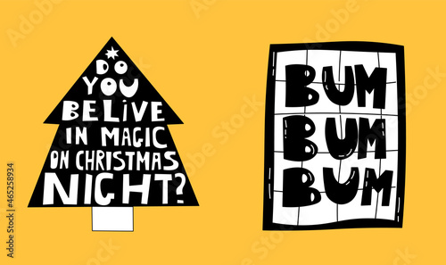 vector set of black and white christmas lettering.Titles and wishes for the new year.Collection of black silhouettes for celebration and cards.Hand drawn winter stickers.silhouette for plotter