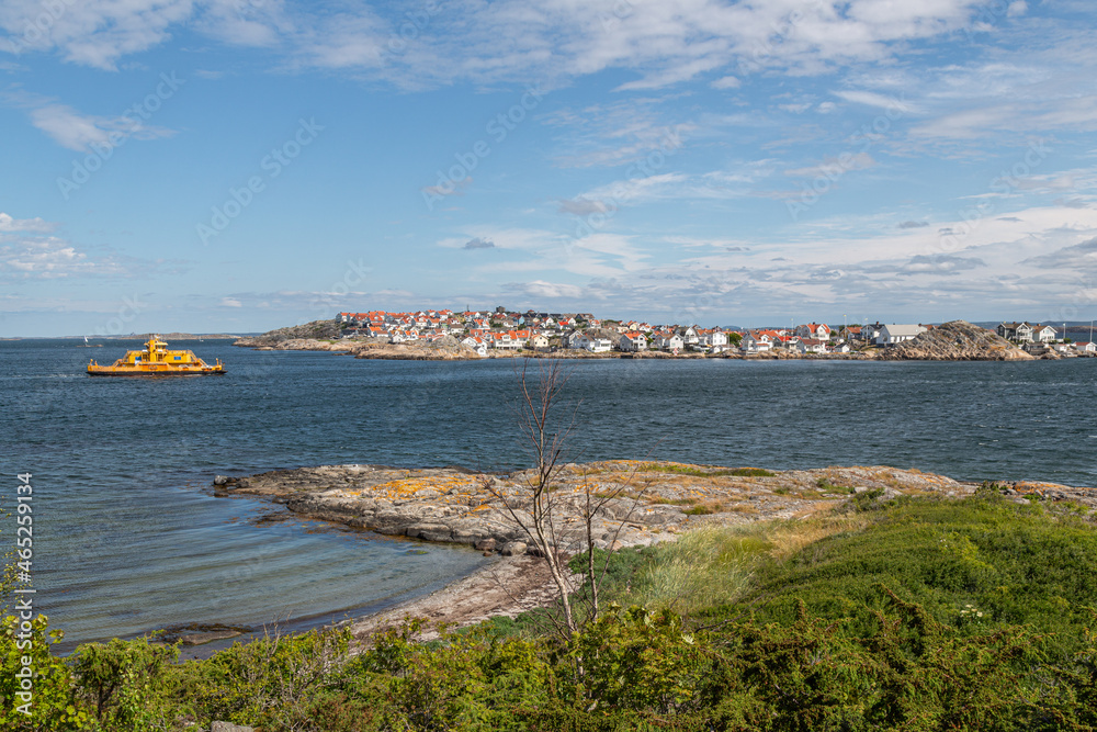 Swedish West Coast. Gothenburg archipelago. Island view. Ferry on the way to island 