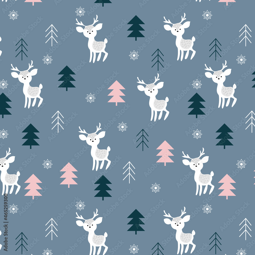 childish textile pattern with deer in trendy scandinavian floral elements in modern scandinavian style. Scandi style doodle plants Christmas tree and set of vector branches.Vector illustration