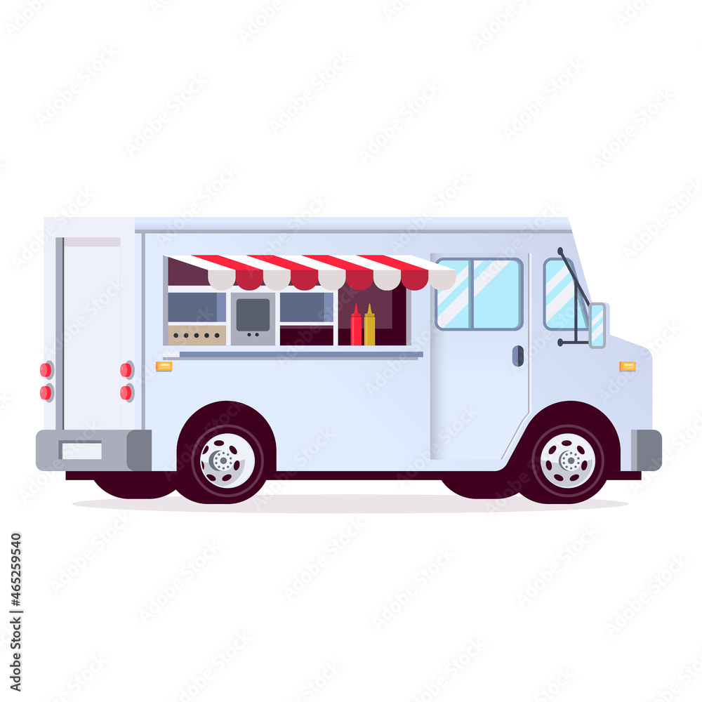 Street food van isolated on white background.City street food wagon in flat design.