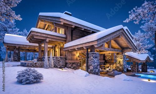 3d rendering of modern cozy chalet with pool and parking for sale or rent. Beautiful forest mountains on background. Massive timber beams columns. Cool winter night with stars in sky.