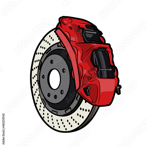 Car brake caliper of red color isolated on white background. Illustration car brake