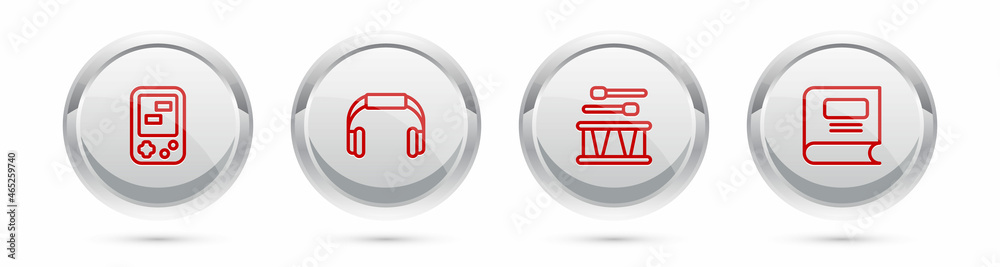 Set line Tetris electronic game, Headphones, Drum with drum sticks and Book. Silver circle button. Vector