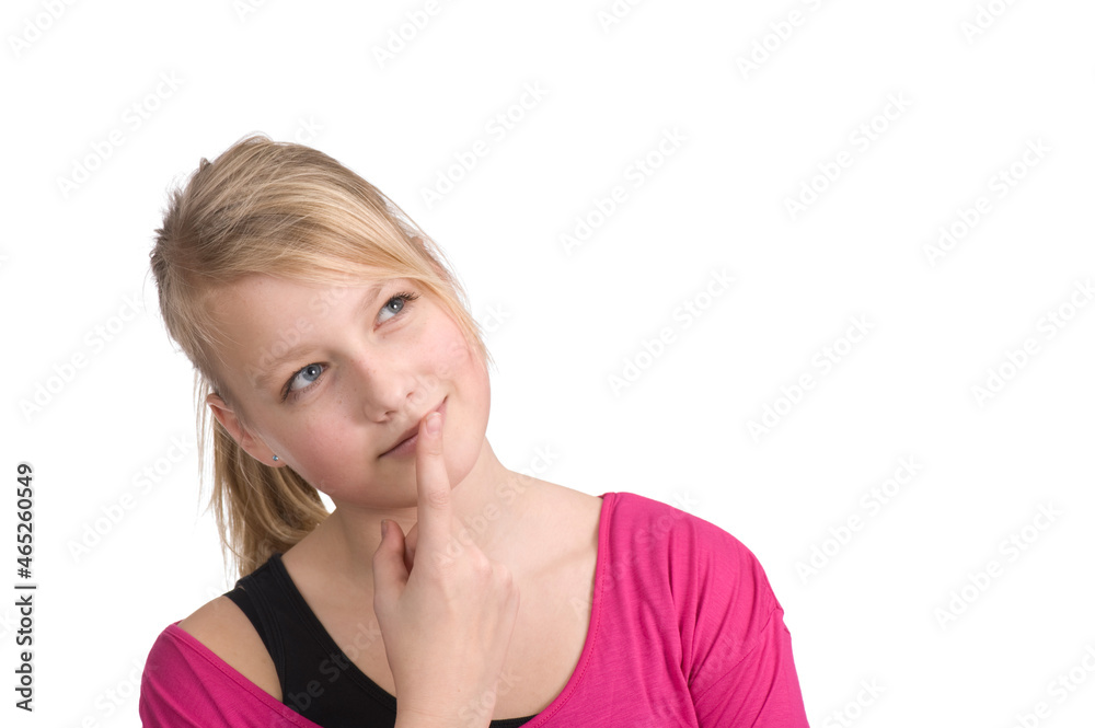 Pensive young teenage girl. Thinking and looking up. Isolated on white. Pensive young teenage girl. Thinking and looking up. Isolated on white.