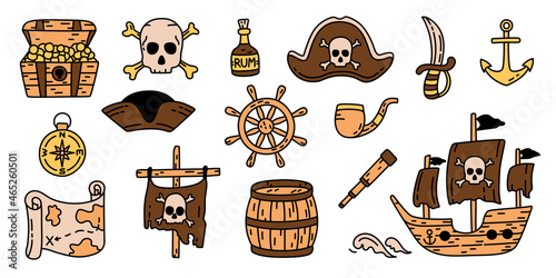 Pirate bundle sketch. Hat, flag, ship and skull with bones. Emblem, bottle of rum, compass and treasure chest. Barrel, map, pipe, anchor and dagger. Vector item kit