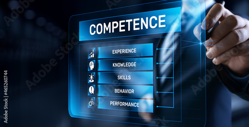 Competence skills business and personal development concept. Businessman pressing button on screen.