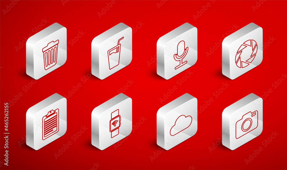 Set line Photo camera, Glass with water, Microphone, Camera shutter, Cloud, Trash can, Smartwatch wireless and Clipboard document icon. Vector Set line Photo camera, Glass with water, Microphone, Camera shutter, Cloud, Trash can, Smartwatch wireless and Clipboard document icon. Vector