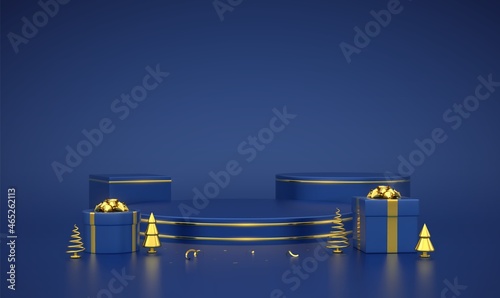 Blue round and cube podium. Scene and 3D platform with gold circle on blue background. Blank Pedestal with gift boxes with golden bow and golden metallic pine, spruce trees. Vector illustration.