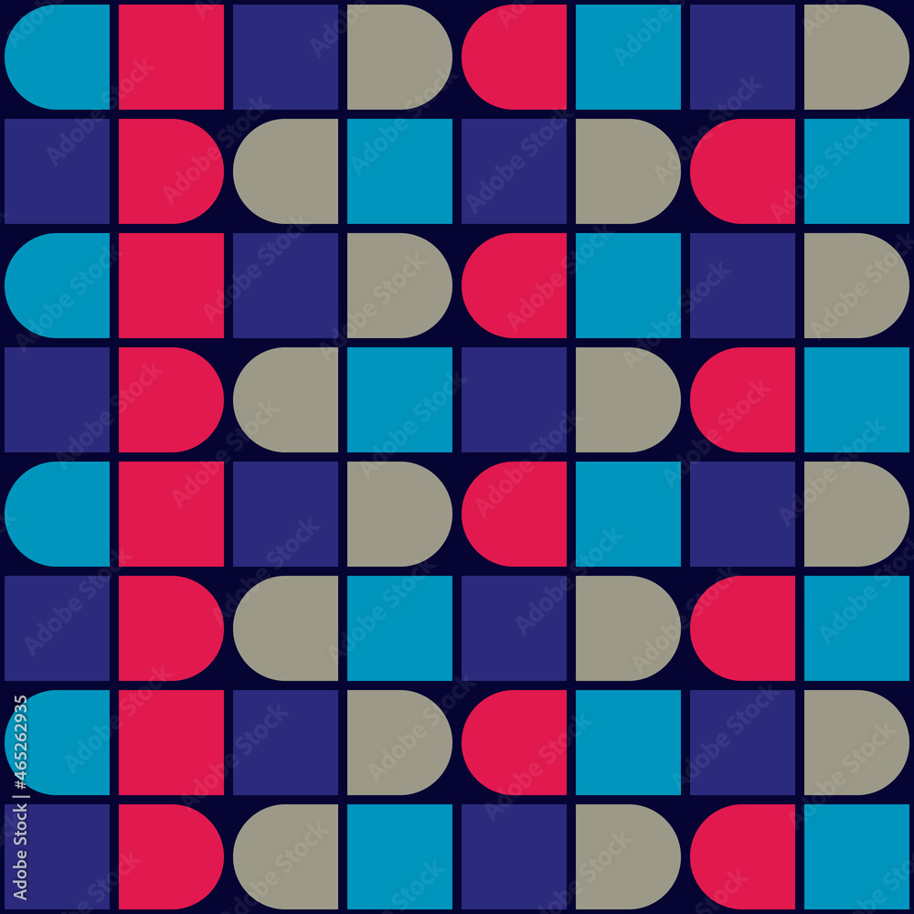 Identical lines with squares and rounded shapes. Vector with various blue and pink mosaics. Identical lines with squares and rounded shapes. Vector with various blue and pink mosaics.
