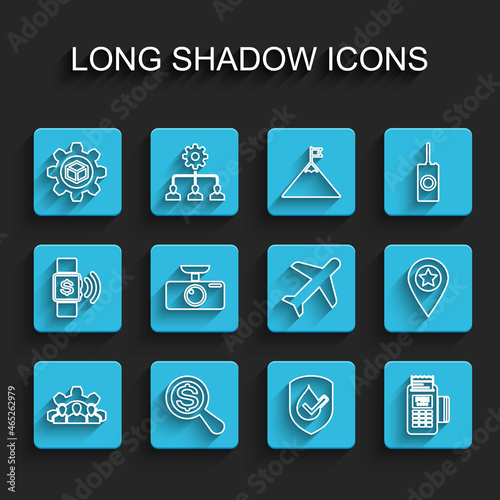 Set line Project team base, Magnifying glass and dollar, Product development, Waterproof, POS terminal, Car DVR, Location with star and Plane icon. Vector