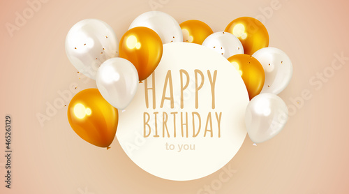 Happy birthday frame with golden and white air balloons. Holiday design for greeting card, party poster, banner template.