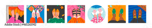 Neighbor legs top view selfie in shoes, sandals, flip flops, sneakers, strap, slippers. Feet in various locations as apartmet, park, workspace, pub, seaside, bedroom, sight. Real estate vector concept