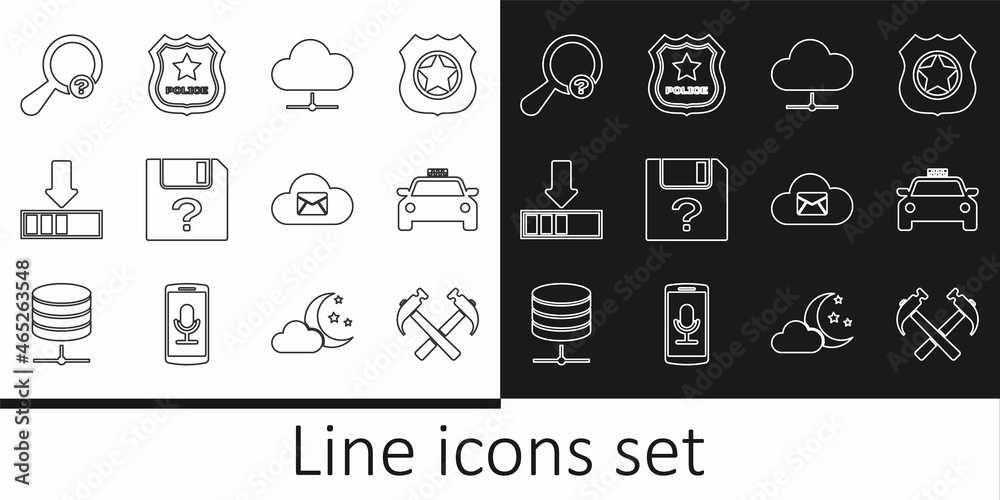 Set line Two crossed hammers, Taxi car, Network cloud connection, Unknown document, Loading, search, Cloud mail server and Police badge icon. Vector